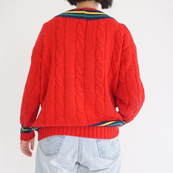 Vintage Hunt Club Red Cable Knit Cotton Sweater Varsity Tennis Preppycore M - Picture 2 of 8